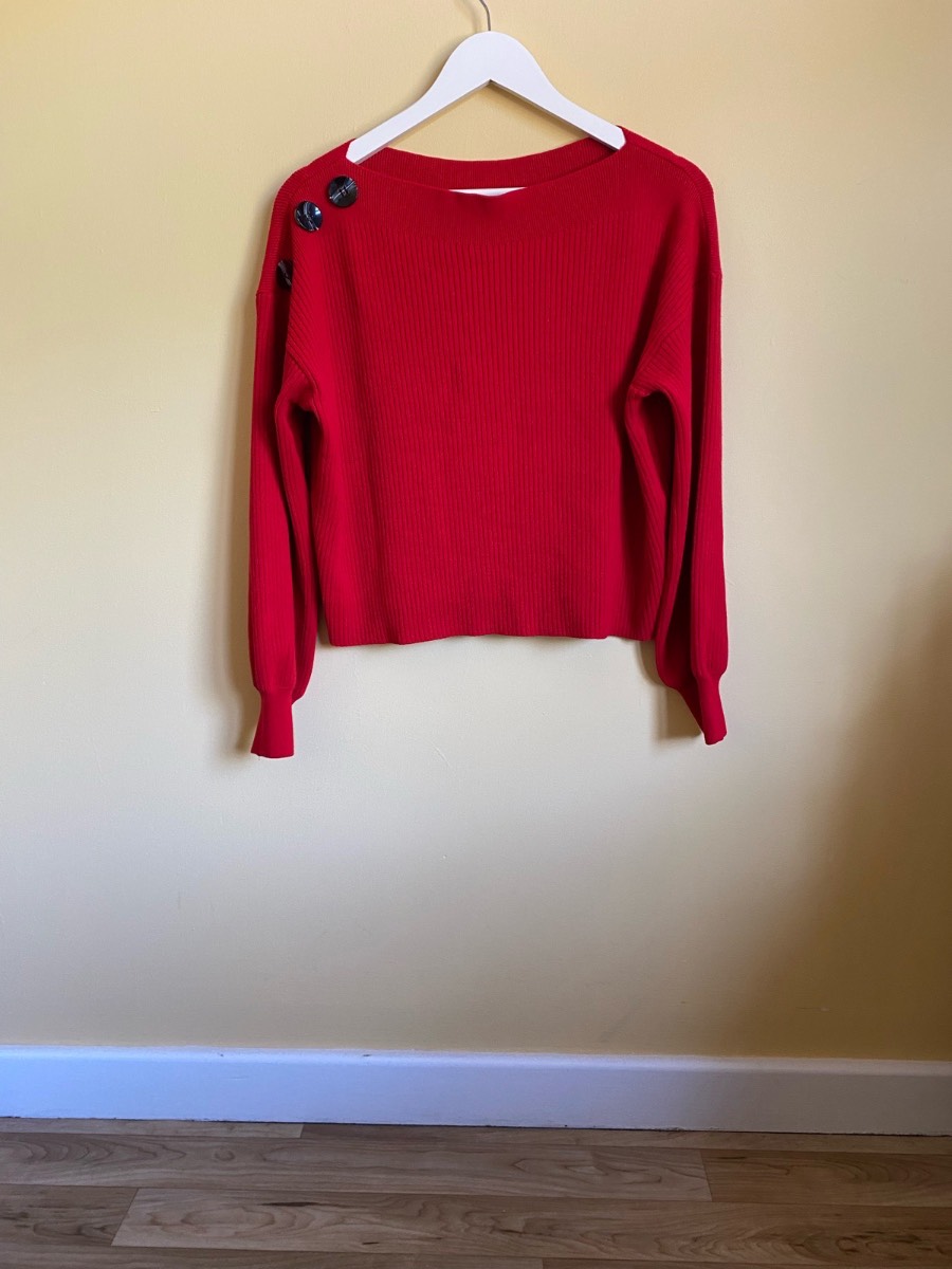 River Island Vibrant Red Ribbed Button-Shoulder Jumper (Size UK S)