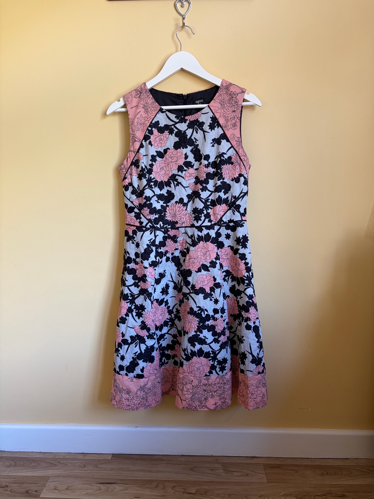 Oasis Pink & Black Floral Cotton Fit & Flare Dress - Size 12