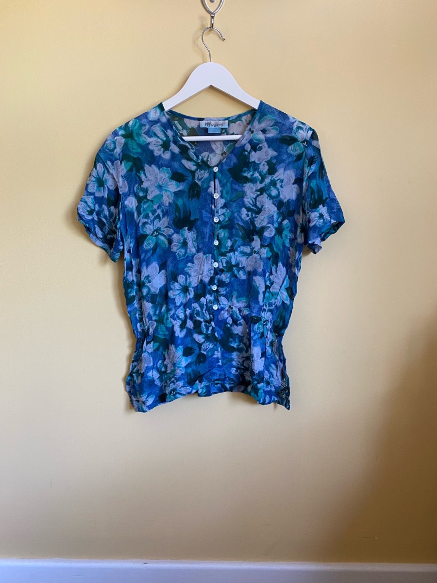 Monsoon Blue & Teal Floral Ruched-Waist Blouse (Size Medium)