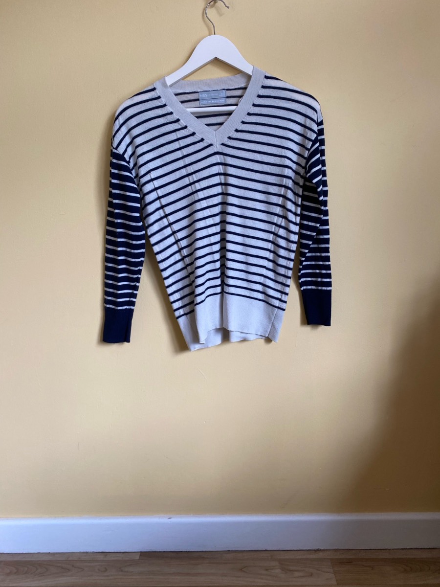 M&S Collection 100% Pure Merino Wool Striped V-Neck Jumper (Size Small)
