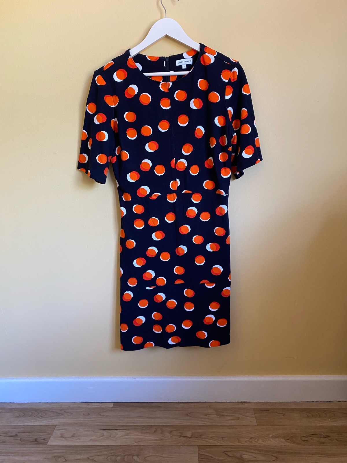 Warehouse Navy & Orange Polka Dot Jersey Shift Dress - Size 14