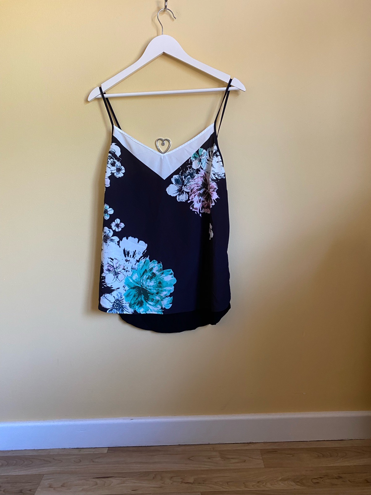 Oasis Black Floral Contrast V-Neck Cami Top - Size Large (UK 14)