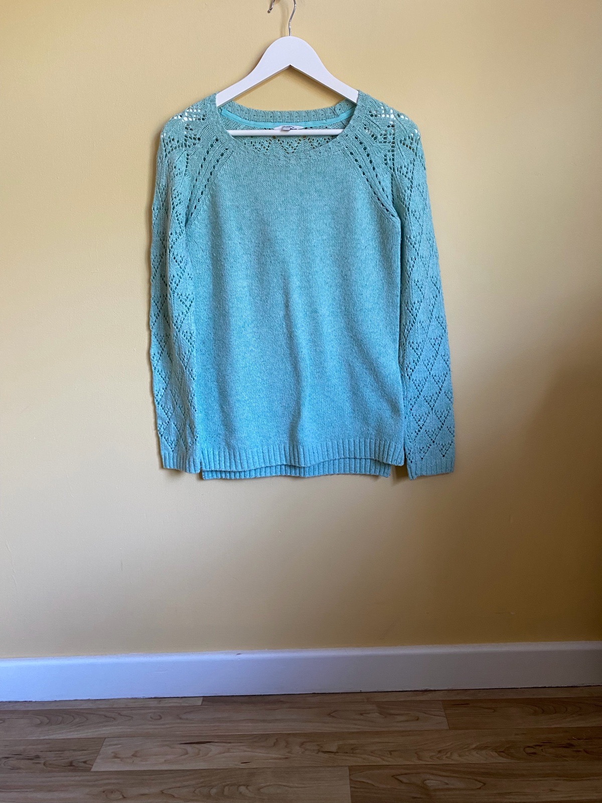 FatFace Mint Green Open Knit Crochet Sleeve Jumper - Size 8