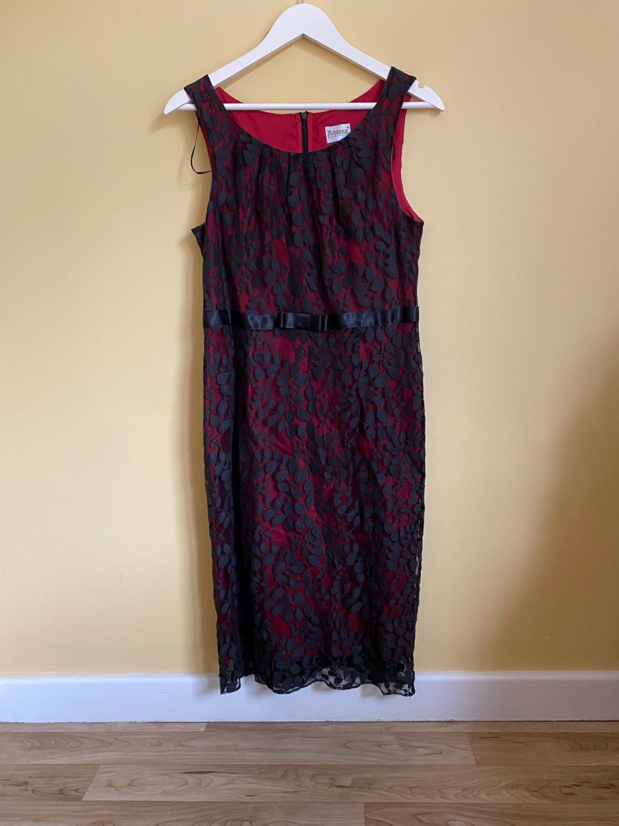 Roman Originals Red & Black Lace Overlay Cocktail Dress (Size UK 12)