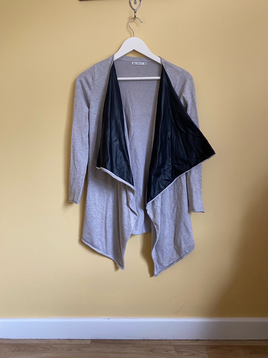Zara Knit Faux Leather Trim Waterfall Cardigan (Size Medium)