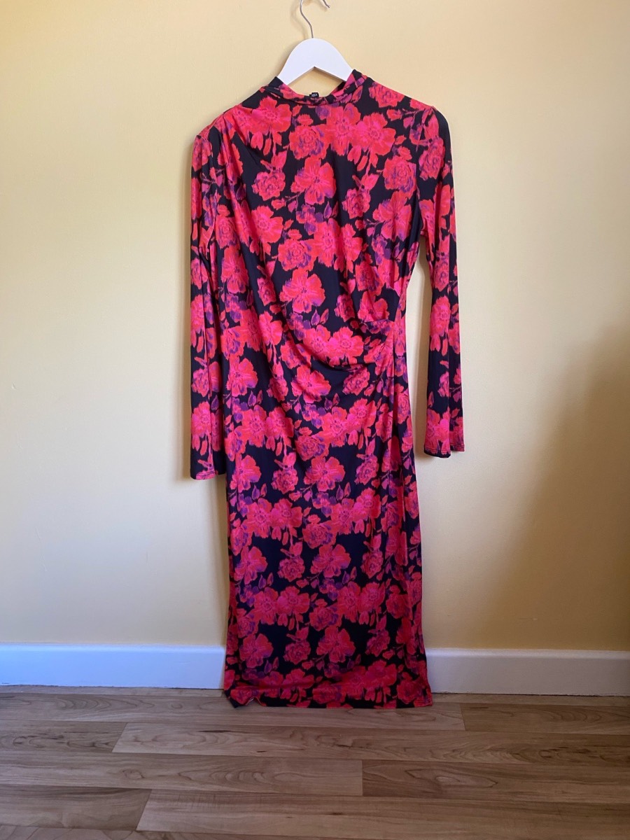 River Island Pink & Purple Floral Ruched Maxi Dress (Size 12)