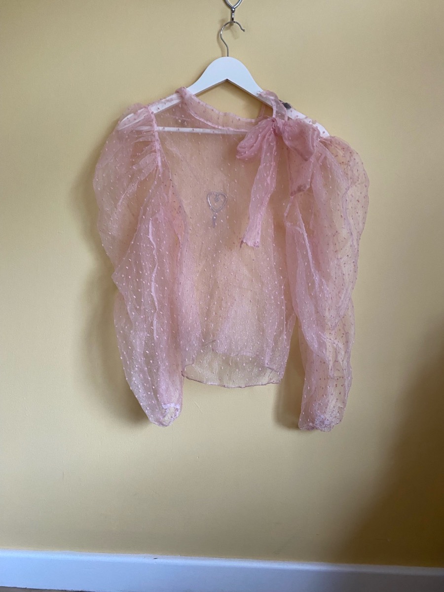 Izabel London Pink Dobby Mesh Sheer Pussybow Blouse (Size UK 10/12)
