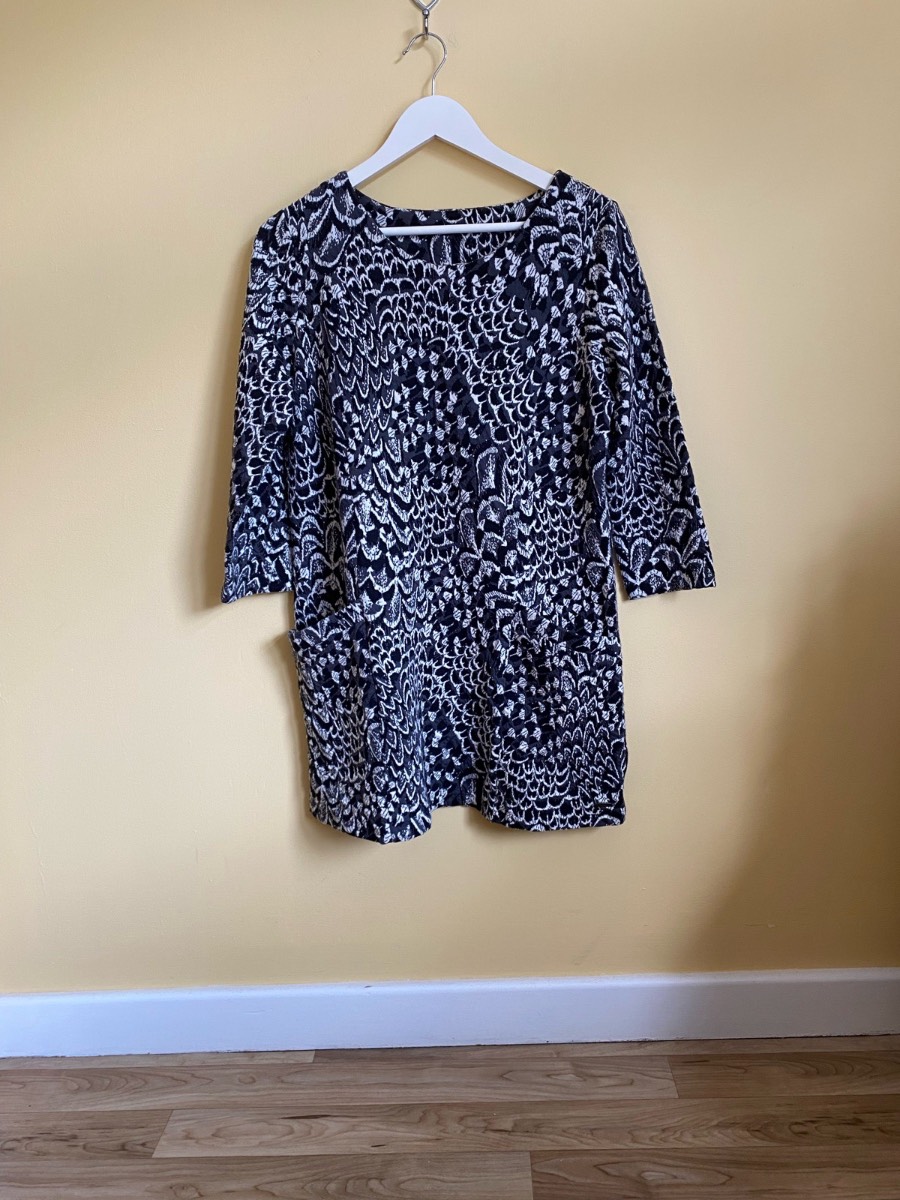 Joules Black & White Feather Print Tunic Dress (Size UK 12)