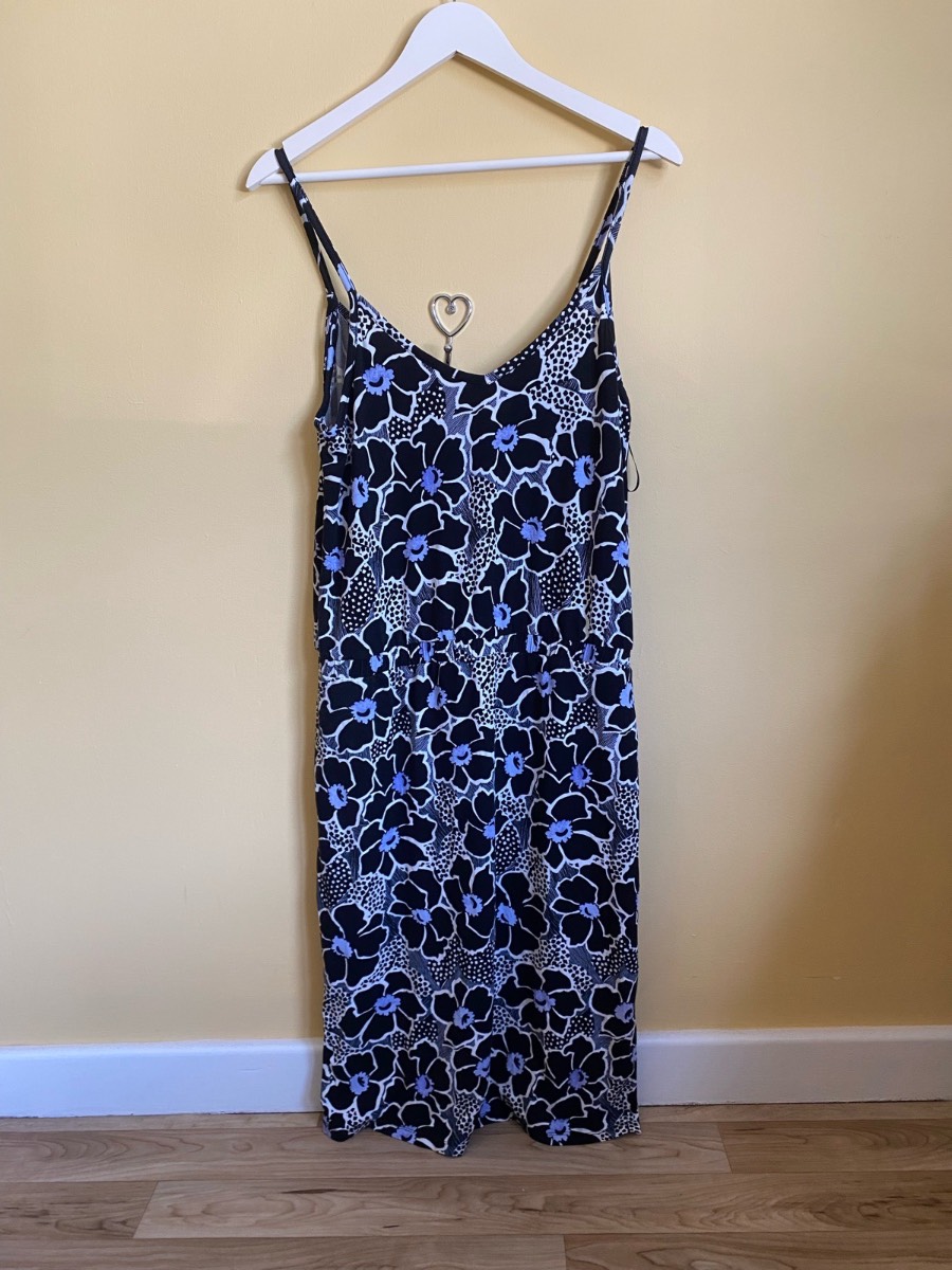 Warehouse Black & Lilac Floral Cami Midi Dress (Size 14)