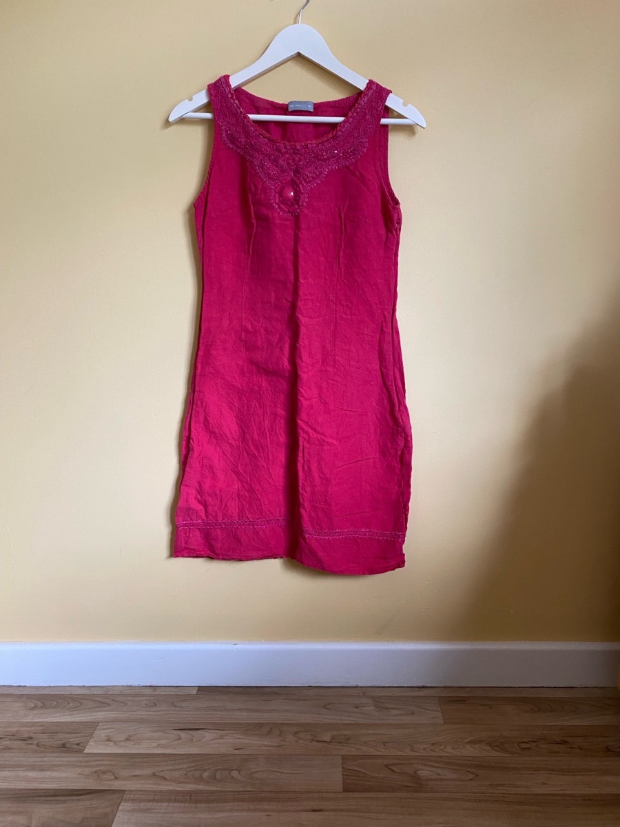 Per Una Pink Linen-Blend Embroidered Day Dress (Size 10R)