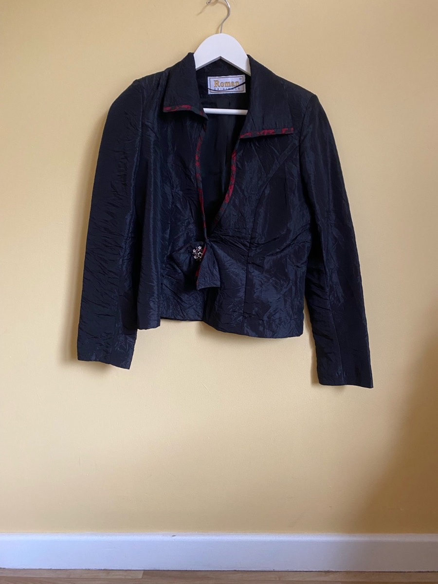 Roman Originals Black Crinkle Textured Evening Jacket (Size UK 12)