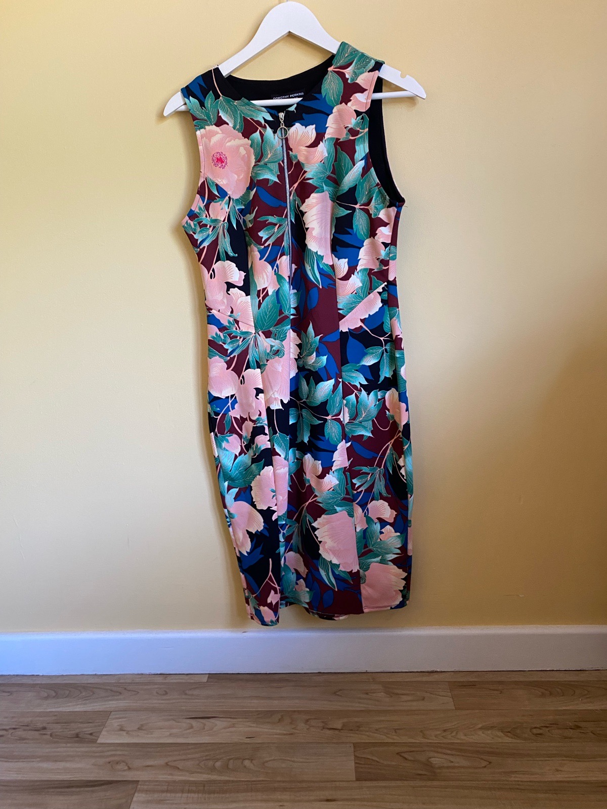 Dorothy Perkins Floral Front Zip Wiggle Bodycon Dress - Size 14