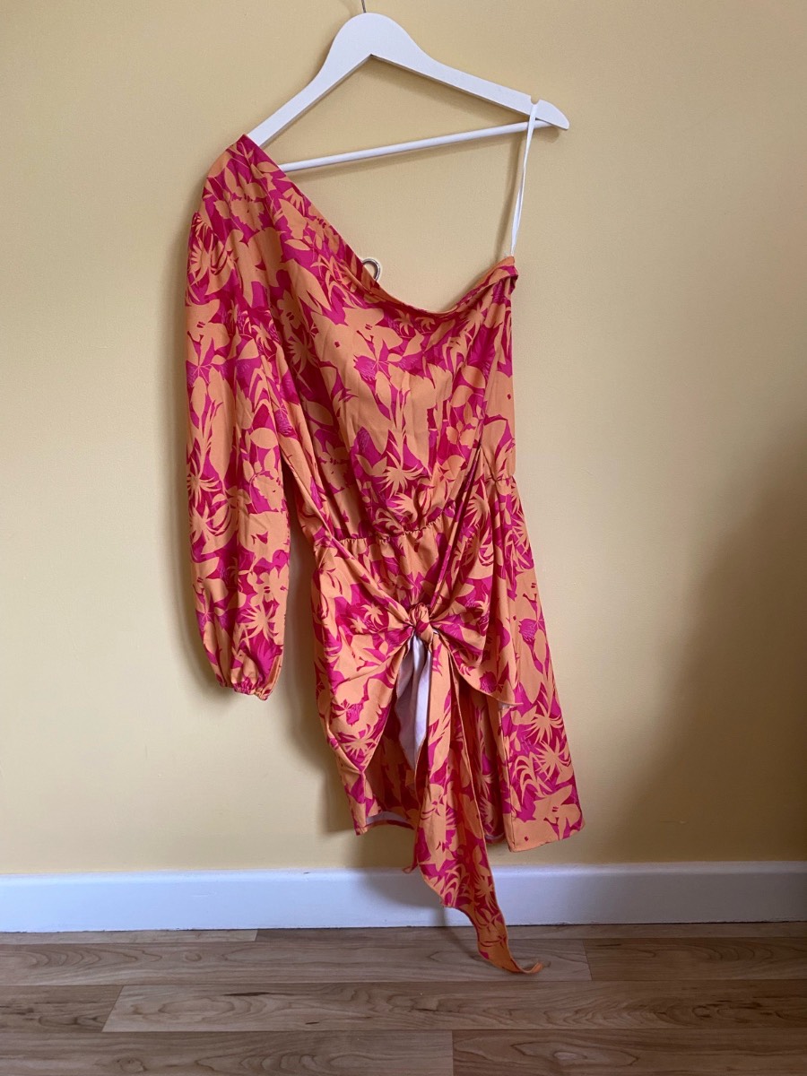 ChicMe Pink & Orange One-Shoulder Tropical Mini Dress (Size XL)