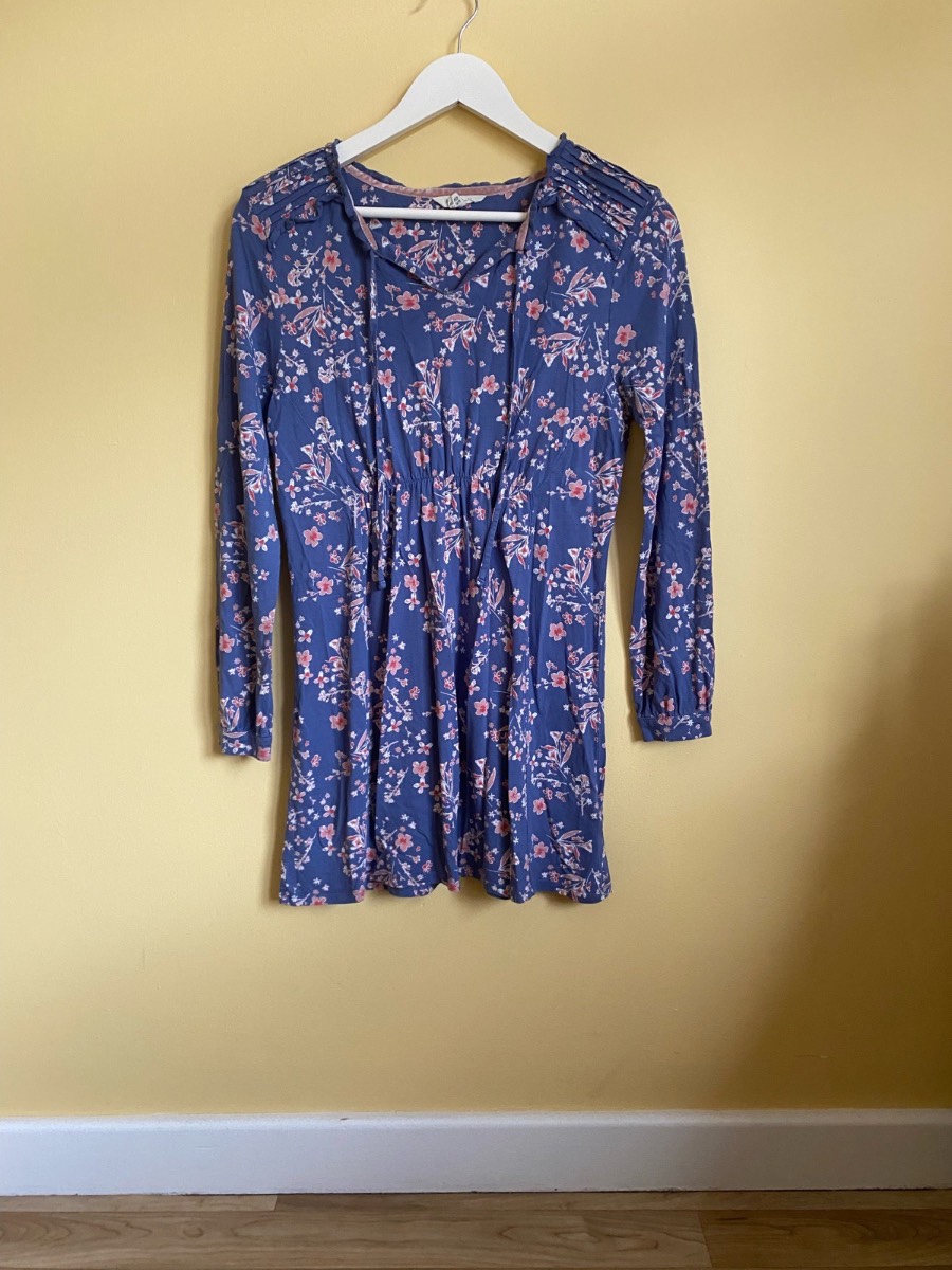White Stuff Blue Floral Cotton-Modal Day Dress (Size 10)