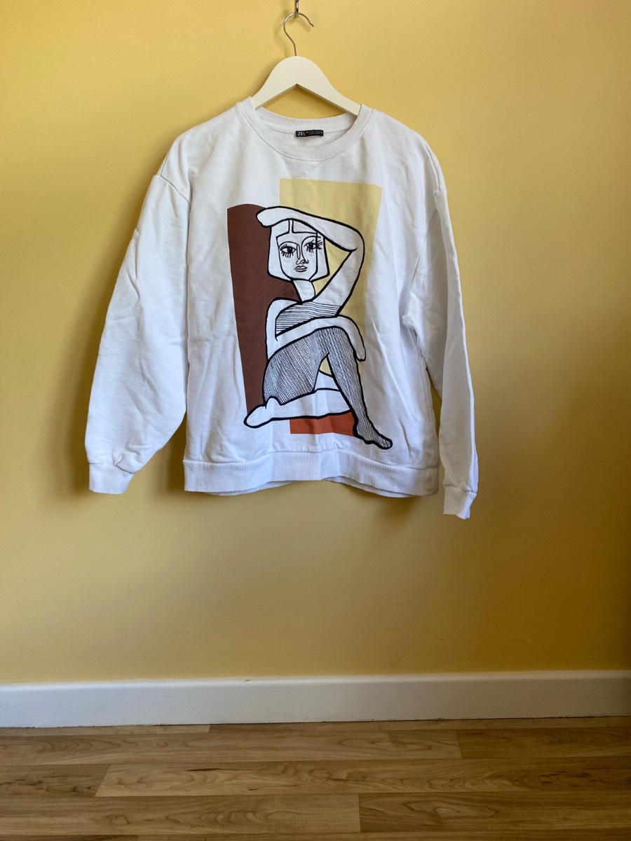 ZARA Abstract Graphic Print White Cotton Sweatshirt (Size Large / UK 12–14)