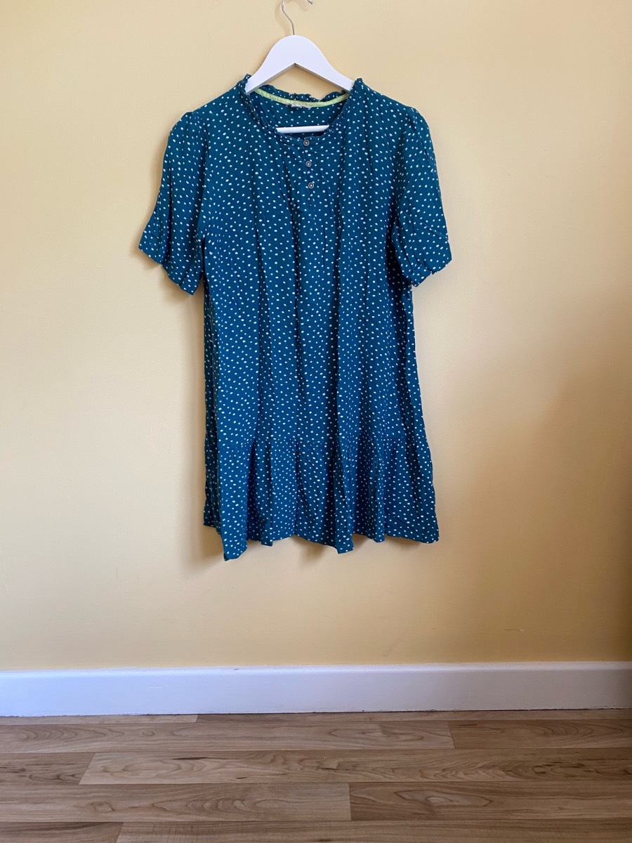 White Stuff Teal Polka Dot Short Sleeve Dress - Size UK 12