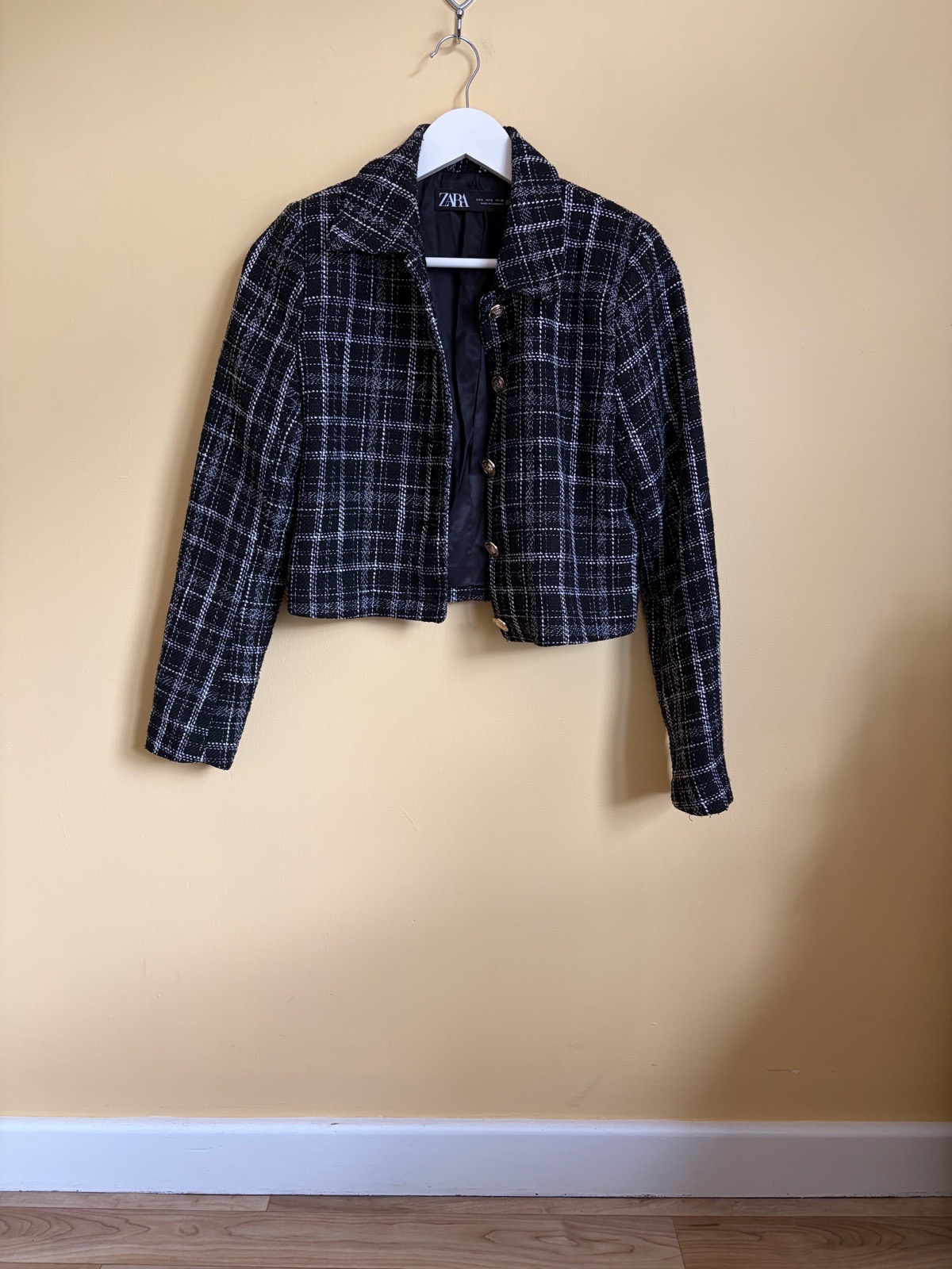 ZARA Black & White Tweed Check Cropped Jacket - Size S