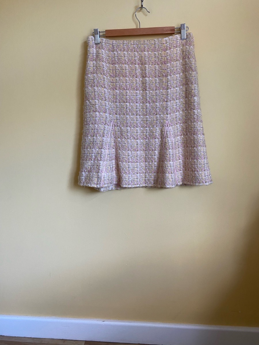 Whistles Pastel Pink & Gold Bouclé Tweed Fluted Skirt (Size UK 8)