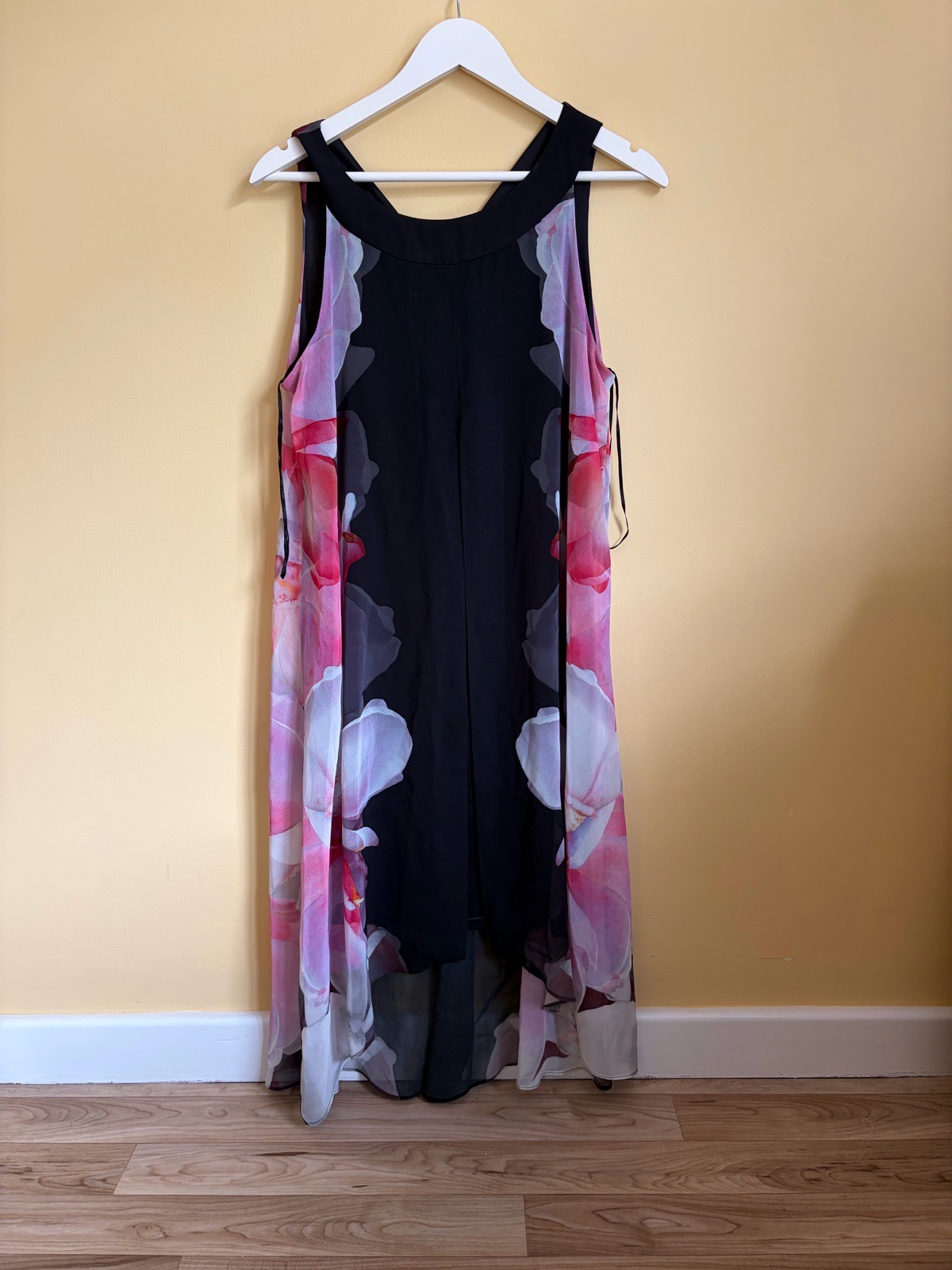Roman Black Floral Chiffon Overlay Shift Dress - Size 12