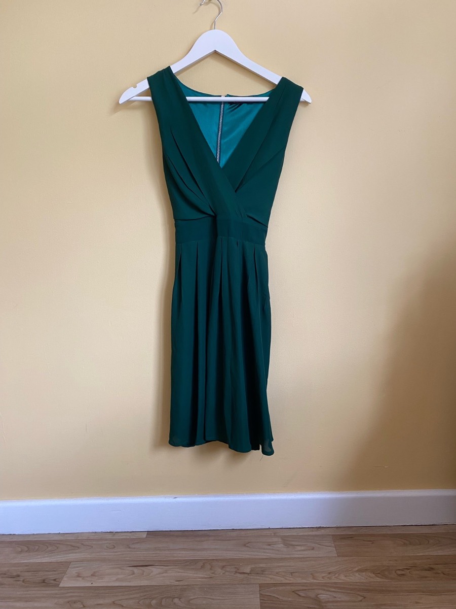 Tenki Emerald Green Pleated Wrap Front Skater Dress (Size UK 12)