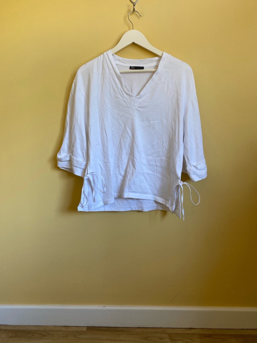 ZARA White 100% Cotton Side-Tie V-Neck Top (Size Small / UK 8–10)