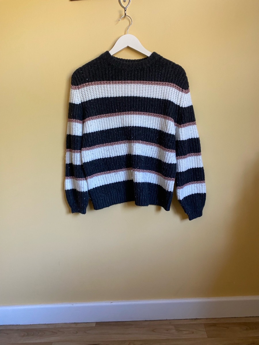 Mint Velvet Charcoal, White & Metallic Pink Striped Jumper (Size UK S)