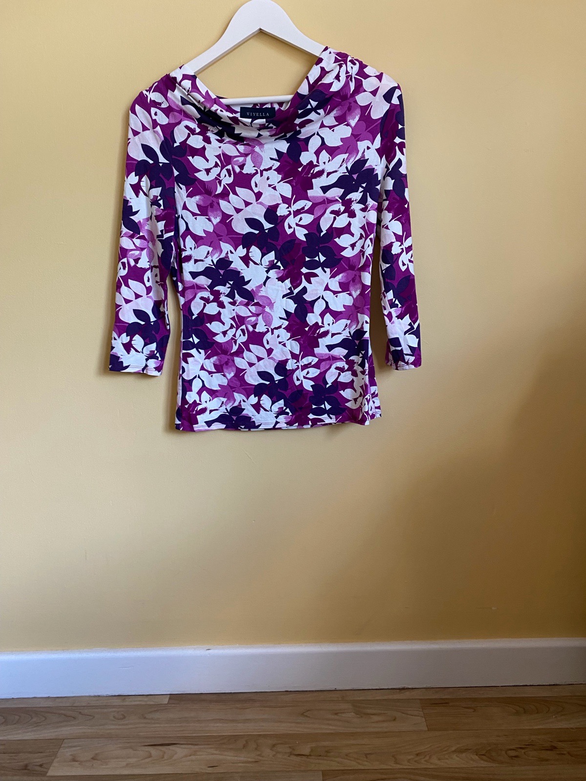 Viyella Purple & White Floral Leaf Print Cowl Neck Top - Size Small