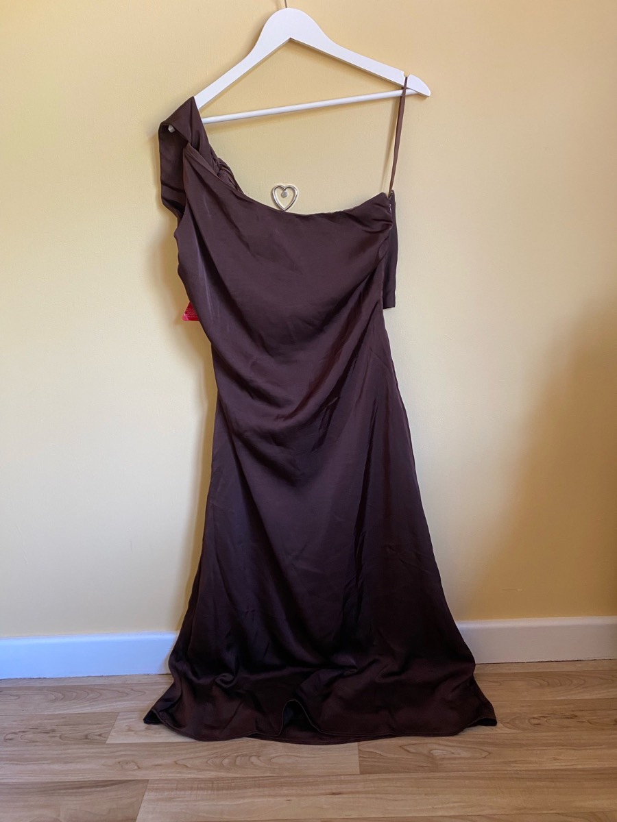 BNWT AX Paris Chocolate Brown One-Shoulder Knot Back Midi Dress (Size UK 16)