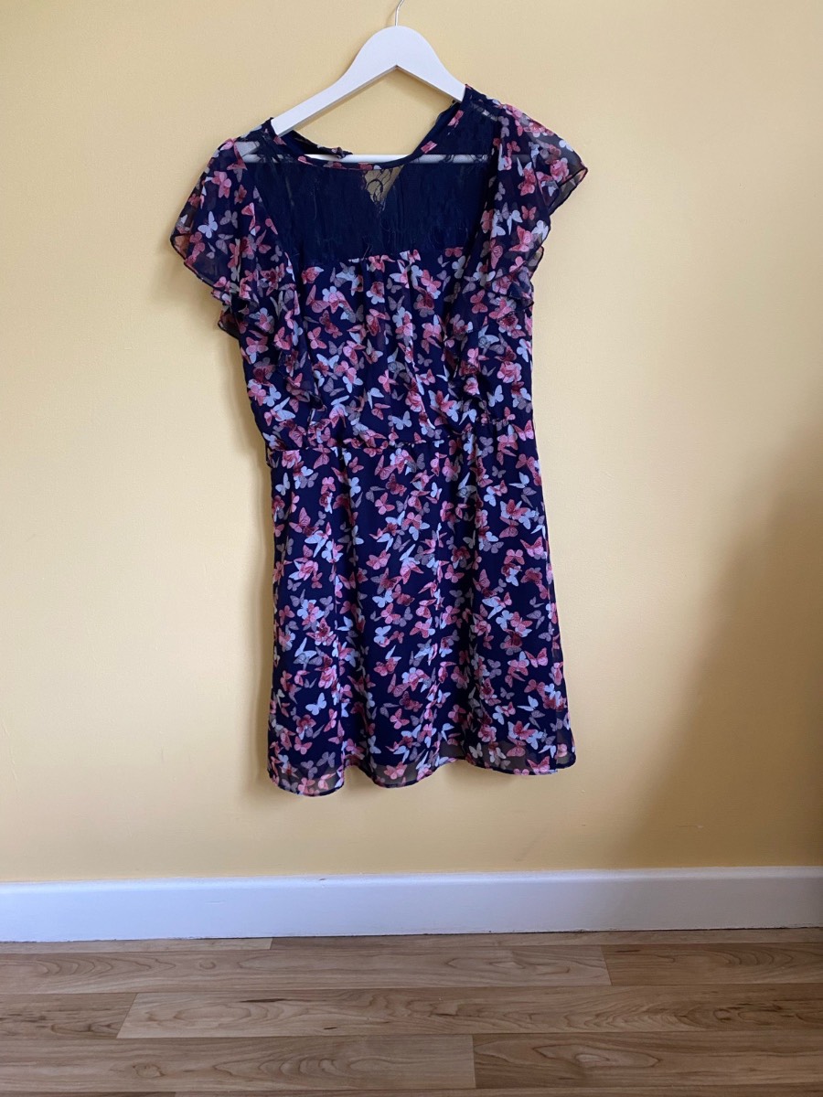 Atmosphere Navy Butterfly Print Dress with Lace Detail (Size 10)
