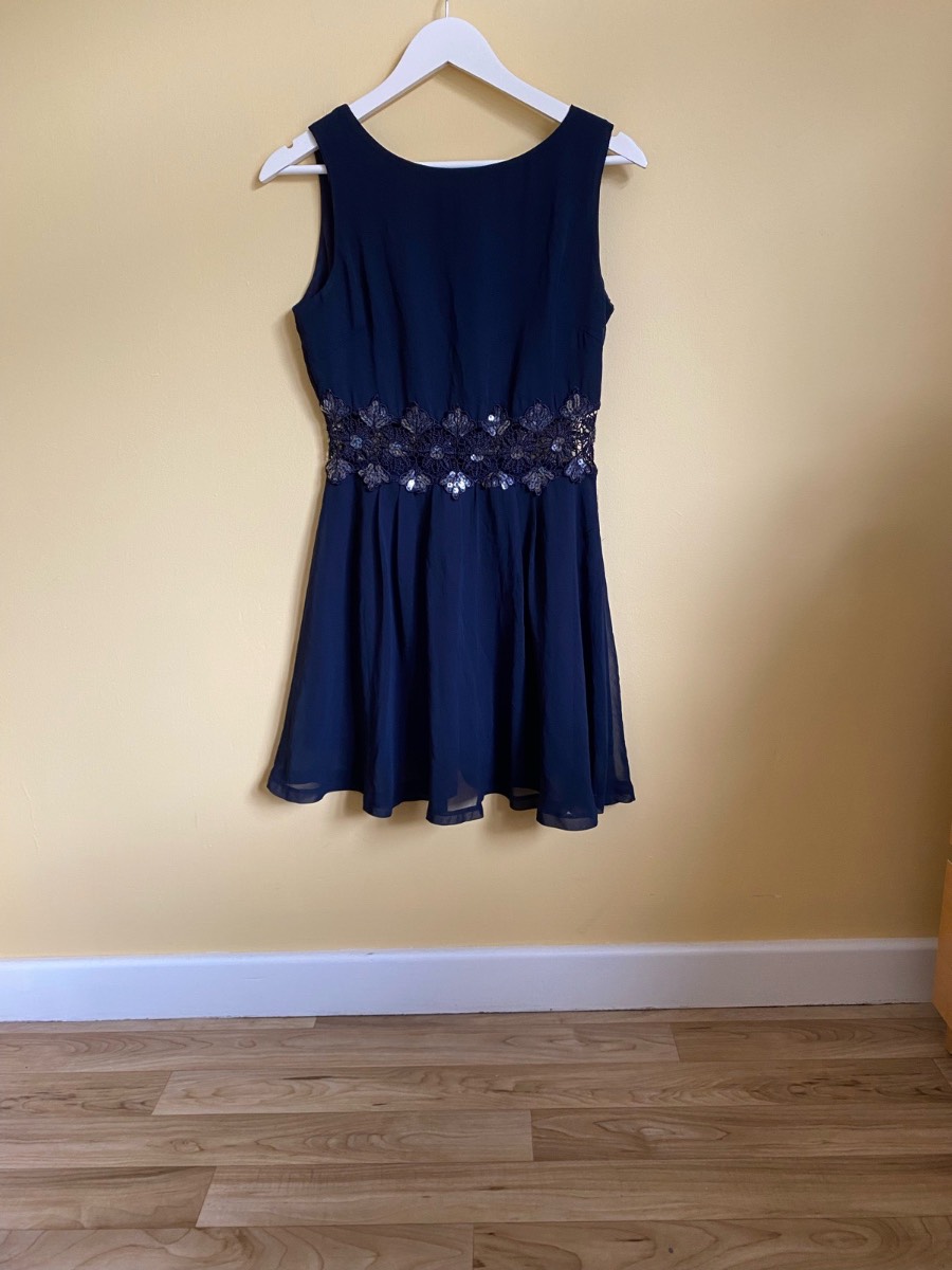 AX Paris Navy Blue Sequined Lace Waist Skater Dress (Size UK 12)