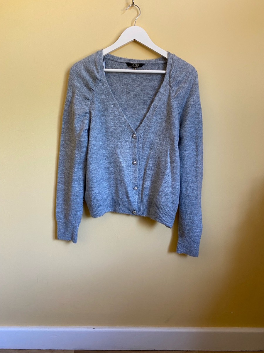 Lipsy London Grey V-Neck Cardigan with Puff Sleeves (Size UK 16)