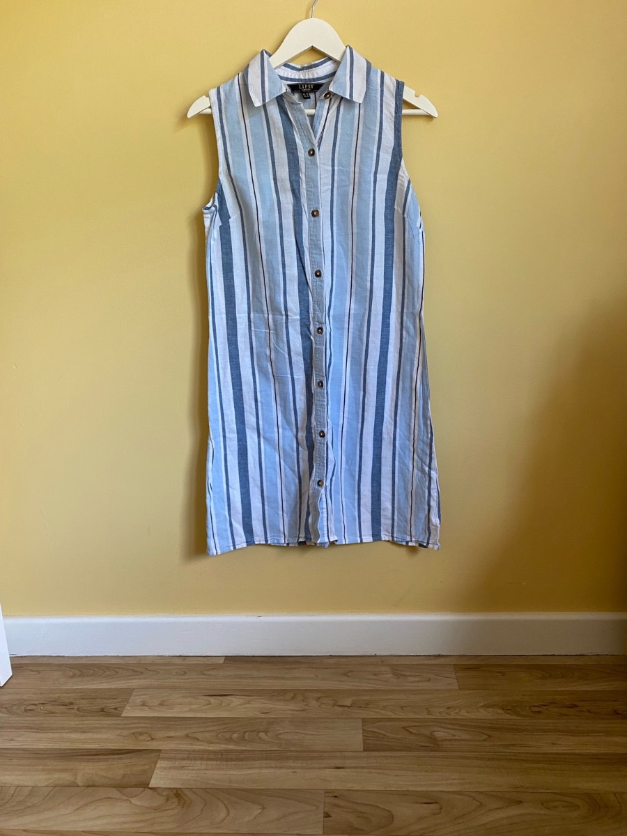 Lipsy London Blue & White Striped Cotton-Linen Shirt Dress (Size UK 12)