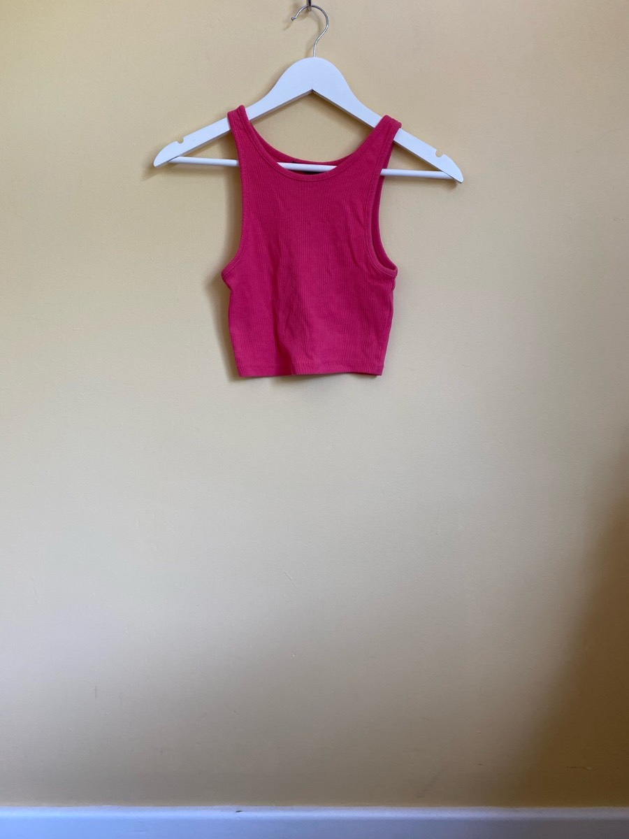 Zara Bright Pink Ribbed Cropped Racerback Tank Top - Size Small