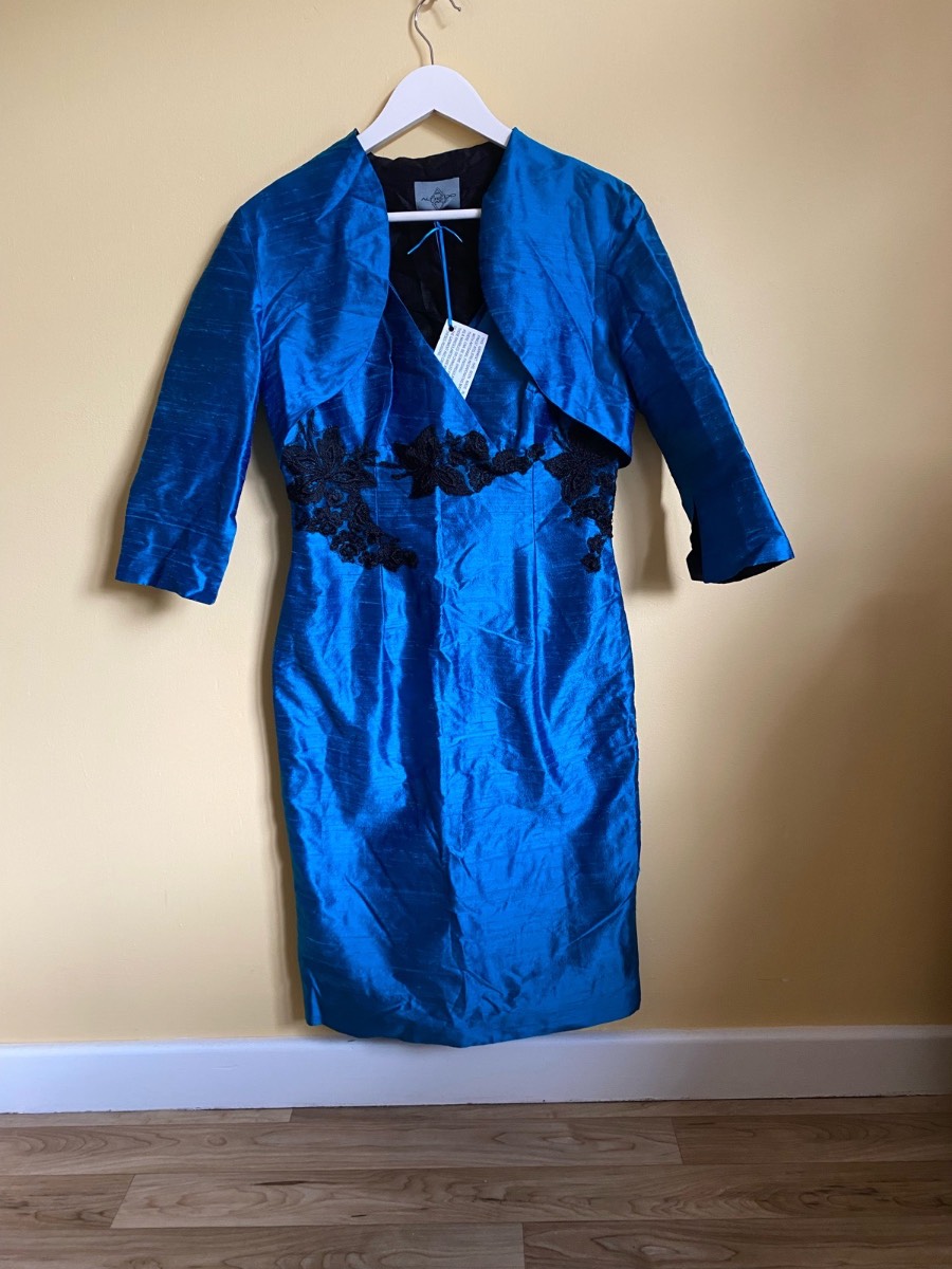 Alfredo Vaez 100% Raw Silk Dress & Bolero Jacket Set (Size UK 8 / FR 40)