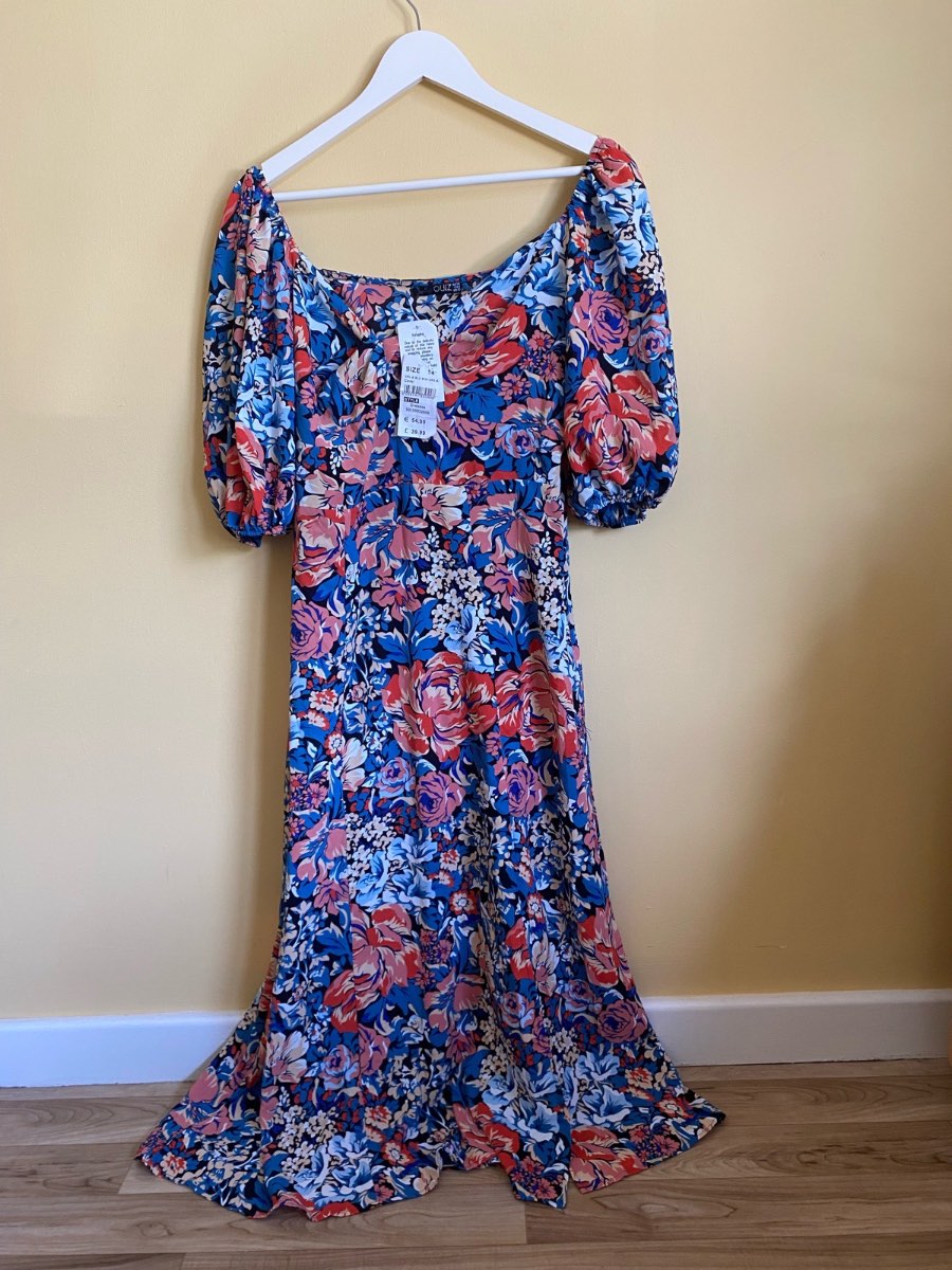 Quiz Coral & Blue Floral Midi Dress (Size 14)