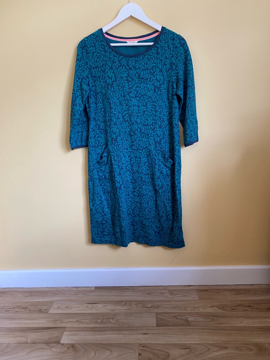 White Stuff Teal Leaf Print Jersey Dress - Size UK 12