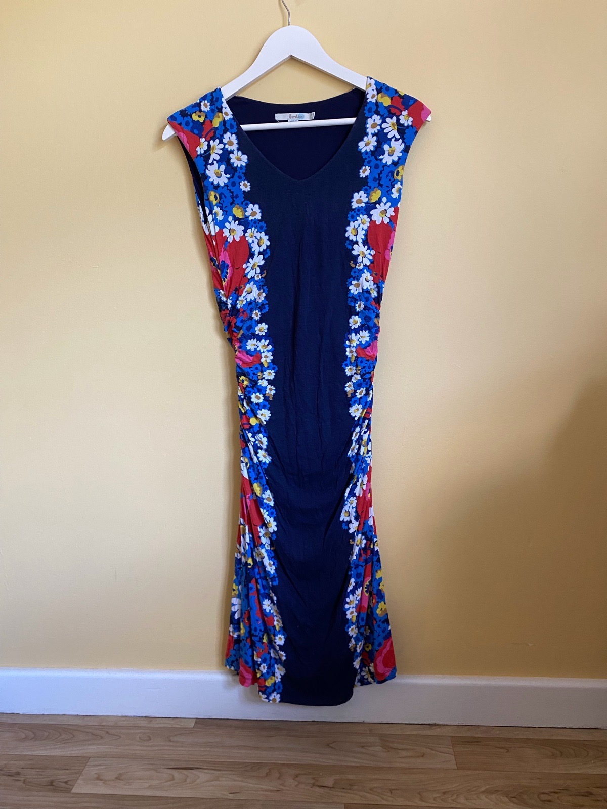 Boden Navy Blue Floral Side Panel Ruched Jersey Midi Dress - Size 8R