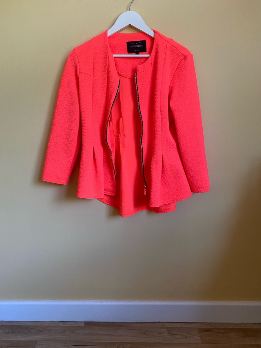River Island Neon Coral Orange Peplum Zip Jacket (Size 14)