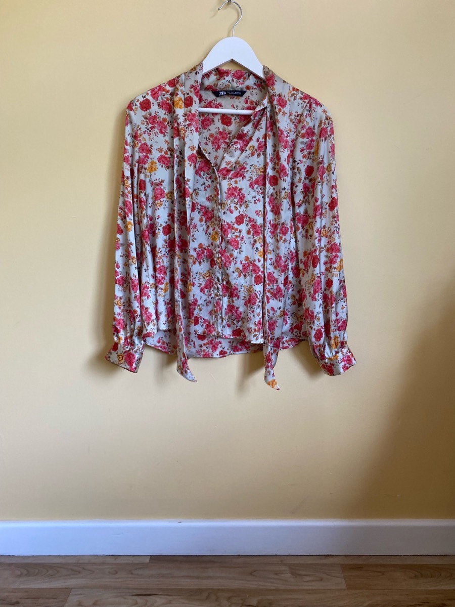 Zara Floral Tie-Neck Satin Effect Blouse - Size Small