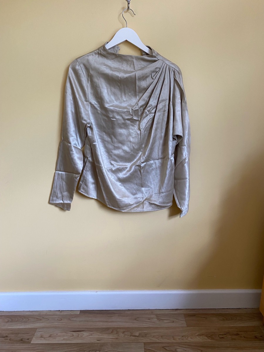 Warehouse Champagne Gold Satin Drape High-Neck Blouse (Size UK 10)