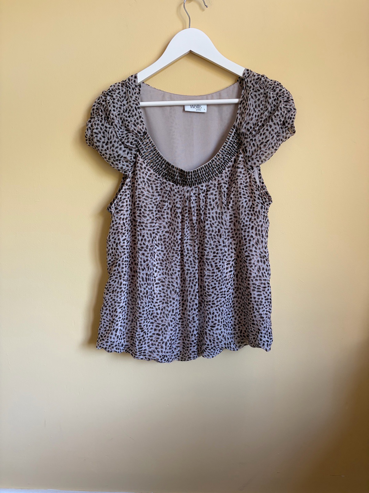 Wallis Petite Animal Print Embellished Neck Top - Size Large (UK 14-16)