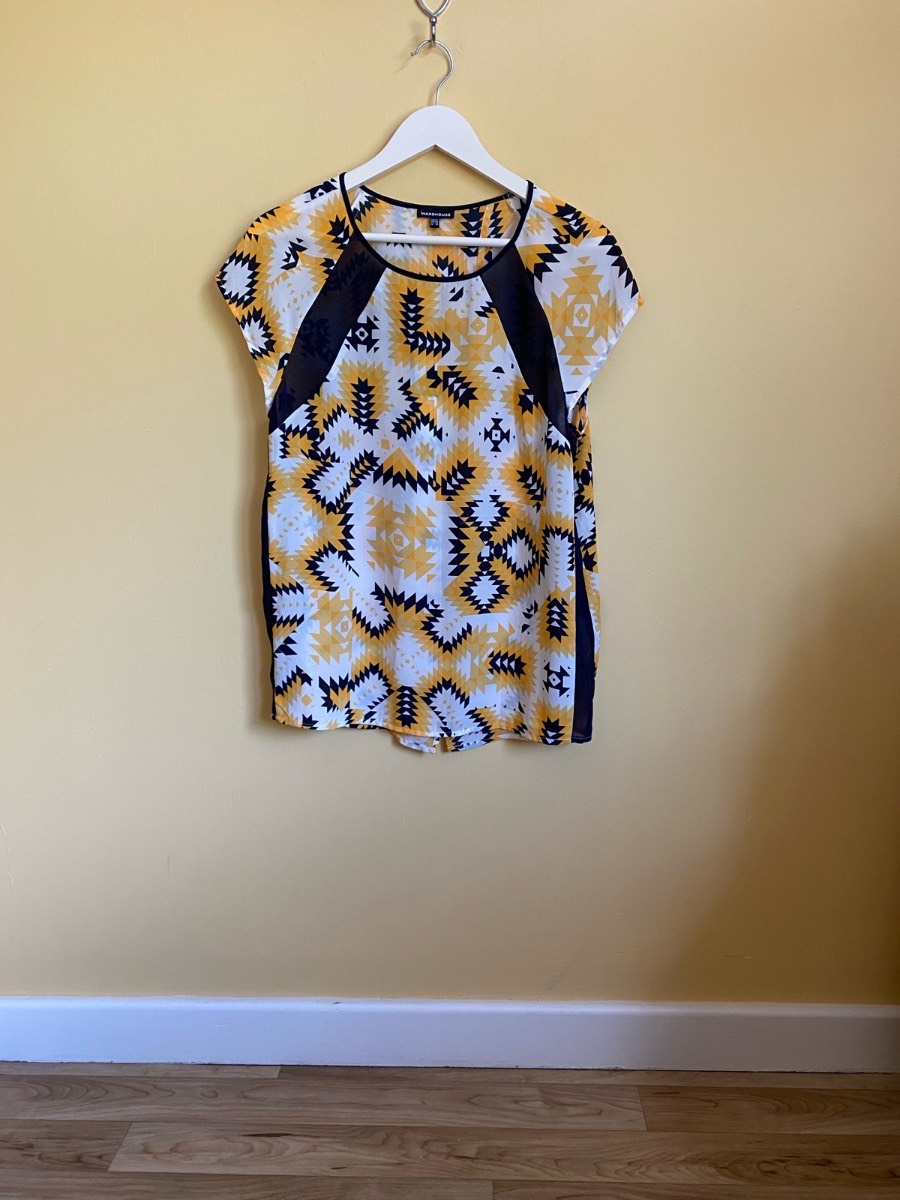 Warehouse Geometric Aztec Print Open Back Blouse (Size UK 12)