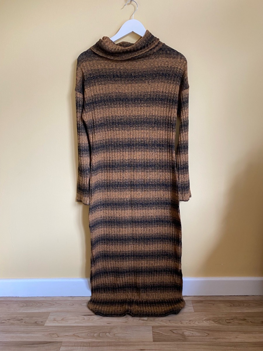 Next Tan & Black Striped Cowl Neck Ribbed Midi Jumper Dress (Size UK 10)