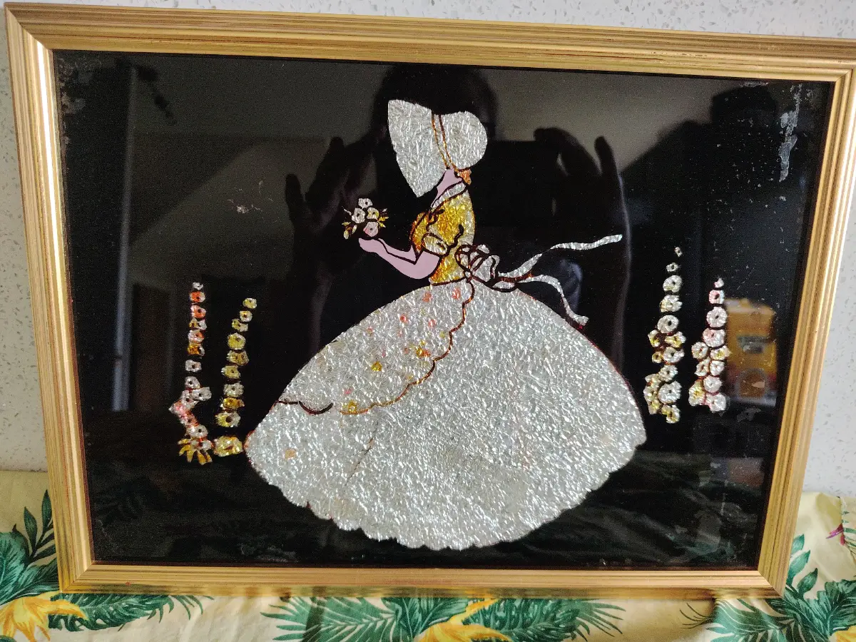 1930s reverse painted foil art art deco. Crinoline Lady framed