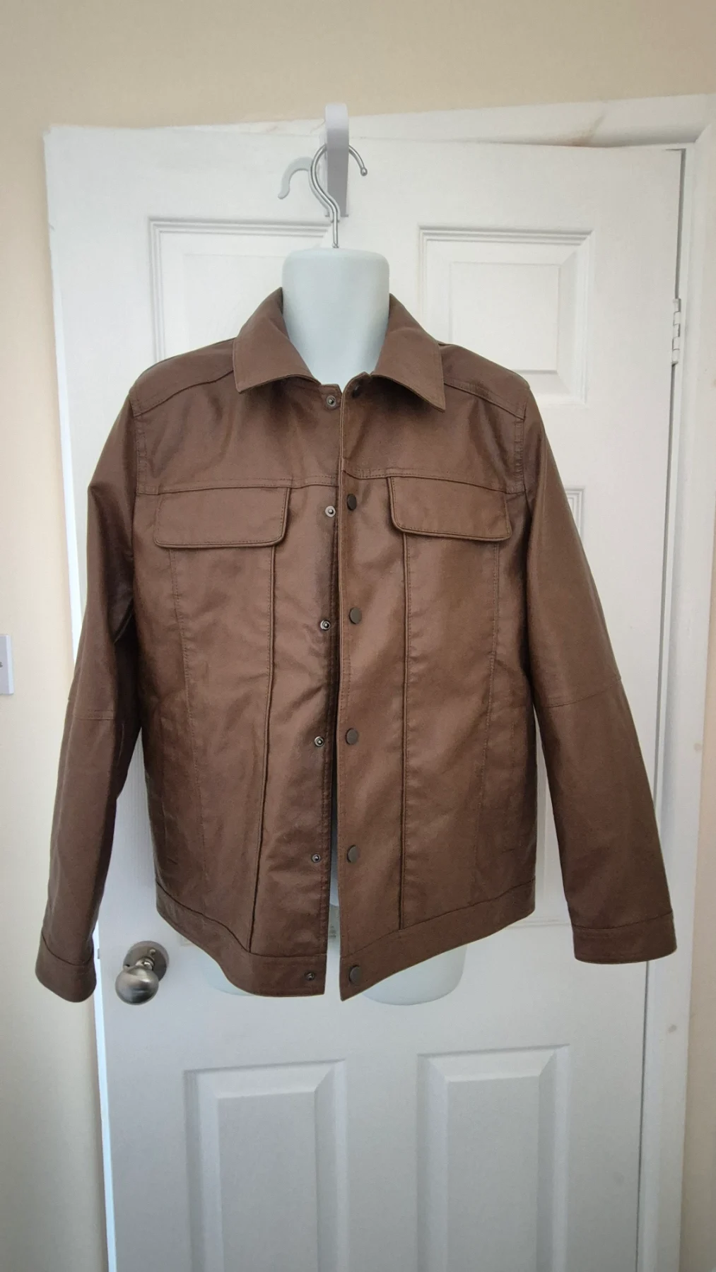 Brown Faux Leather Jacket / Coat. Size XXXL (Small fitting. Check description for measurements)