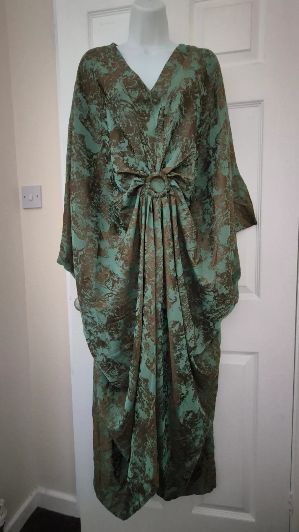 Green And Brown Kaftan Dress, V-neck, batwing sleeves, central O-ring drape detail. Size L