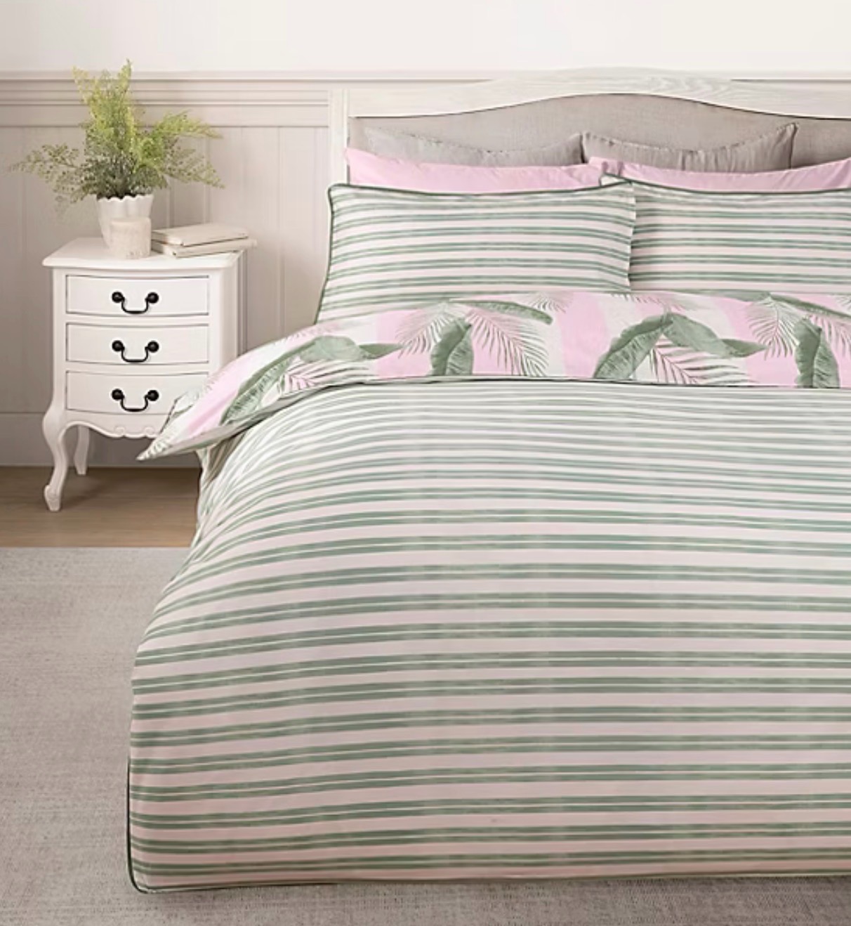 Stacey Solomon Pink & Green Palm Stripe Cotton  Duvet Set Double size