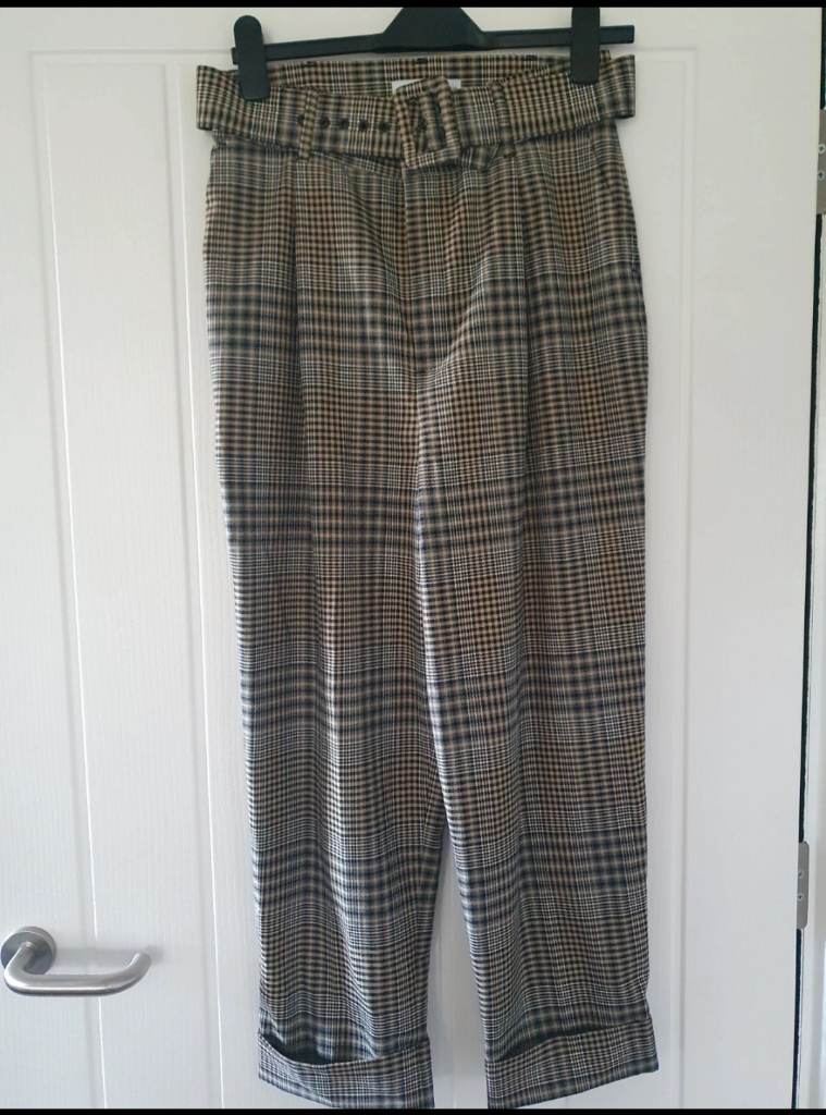 Reserved Brown Check High Waist Tapered Trousers with Belt – Size 10
