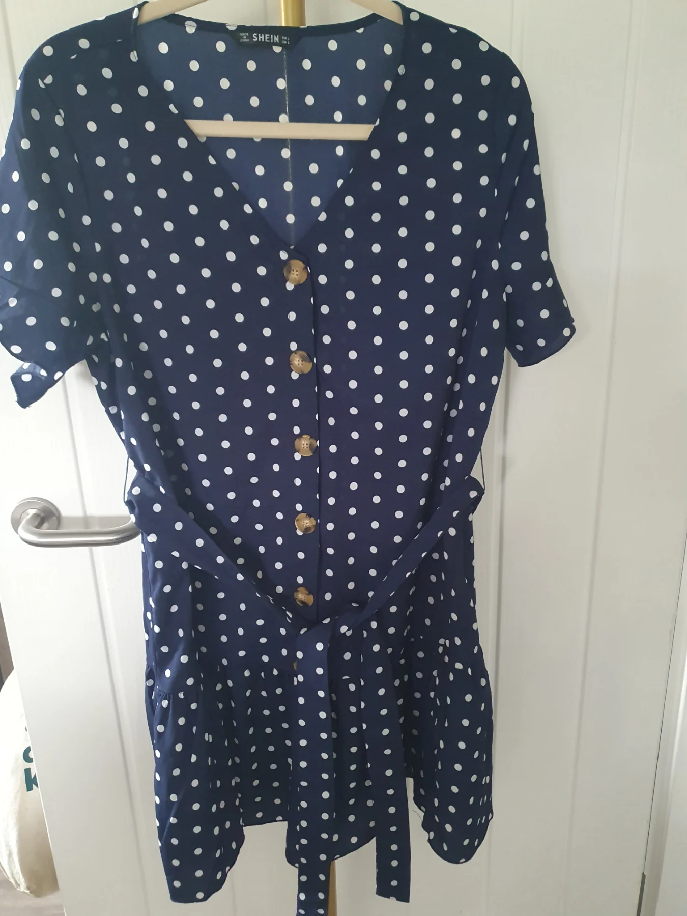 SHEIN Navy Polka Dot Belted Tunic/Dress – Size L (Pit-to-Pit 51 cm)