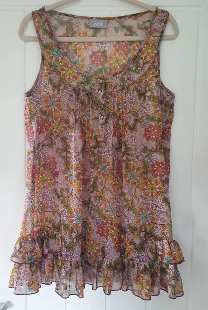 Wallis Floral Beaded Boho Sleeveless Chiffon Top – Size S